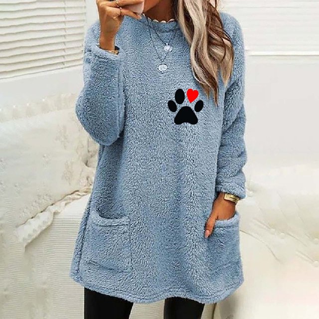 EQWLJWE Tunique en Molleton pour Femmes, Chandail à Enfiler, Longue Robe Sherpa, Imprimé d'Empreintes de Pattes, Chandails Duveteux, Coupe Ample, Col Rond, Manches Longues, Manteau Duveteux avec Poches