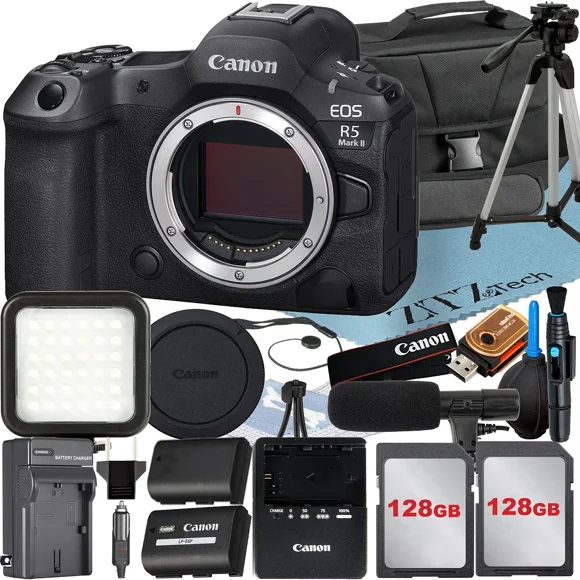 Canon EOS R5 Mark II Mirrorless Camera (Body Only) with 2 Pack 128GB Memory Card + Case + Tripod + ZeeTech Accessory Bundle