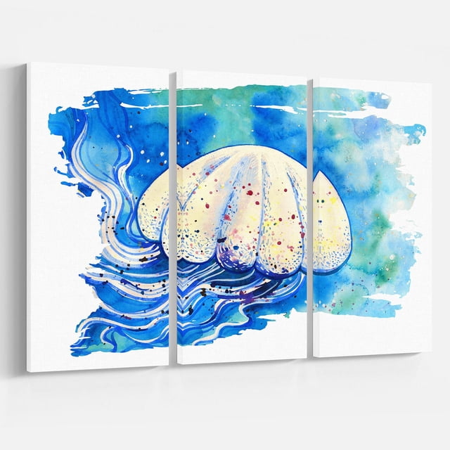 Design Art Jellyfish Watercolor Painting Canvas Print showing a three-panel gallery wrapped canvas with a white jellyfish illustration on a blue and green watercolor background, ready to hang wall art made in Canada, suitable for home or office décor.