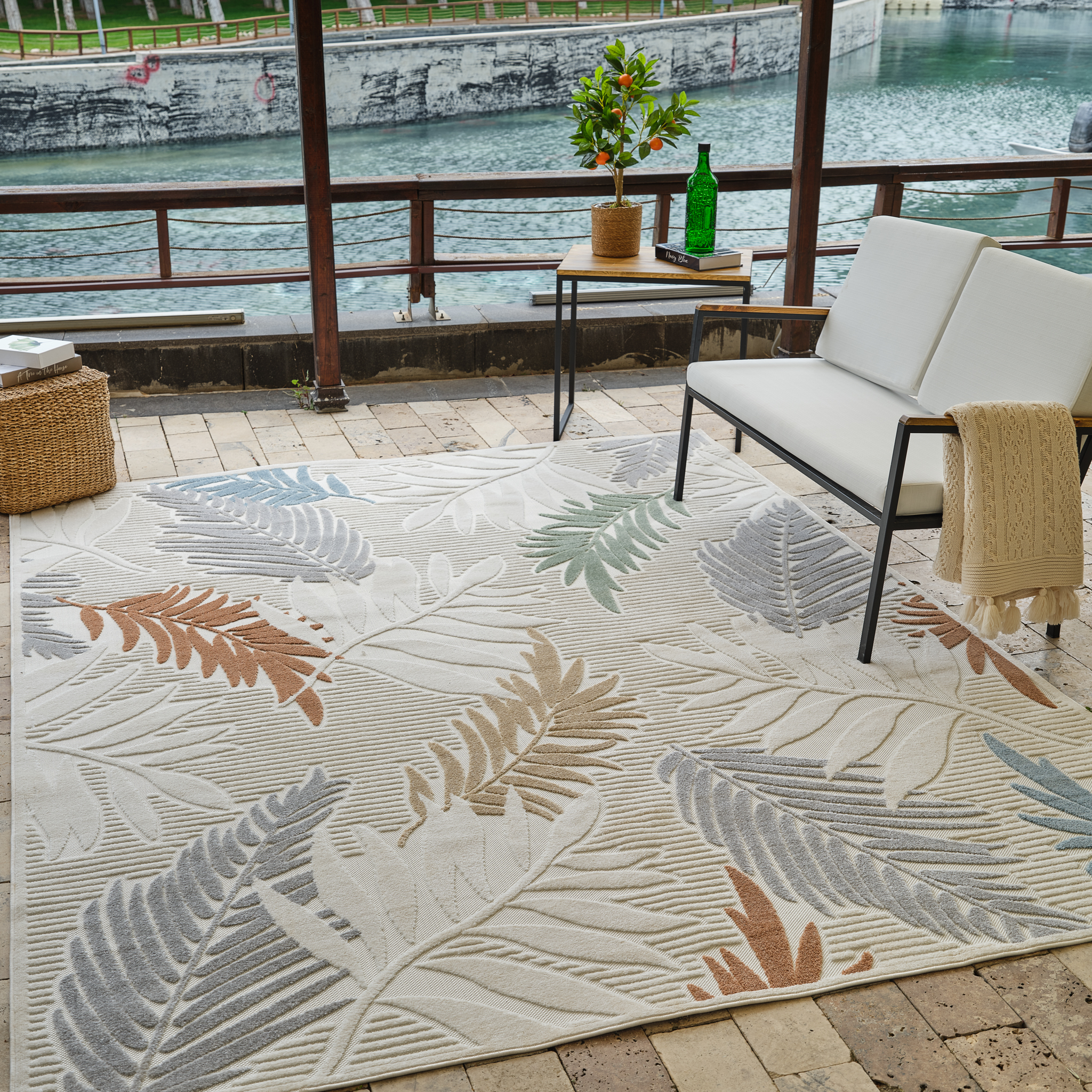 Tapis d'interieur/exterieur abstrait Rug Branch Alfombra, beige creme, motif floral - Salon, chambre, salle a manger et cuisine
