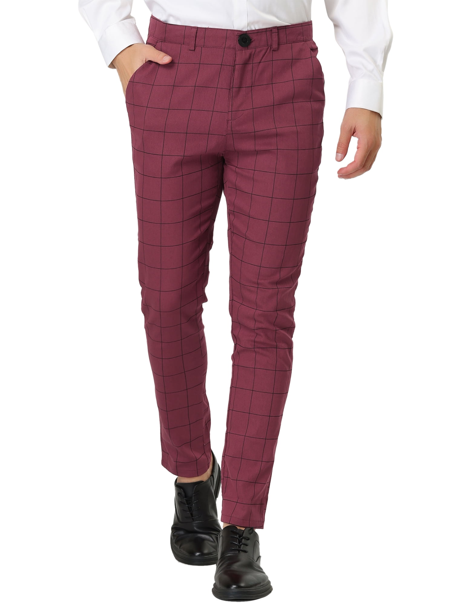INSPIRE CHIC Men's Plaid Dress Slim Fit Checked Business Pants with Pockets 32 Red