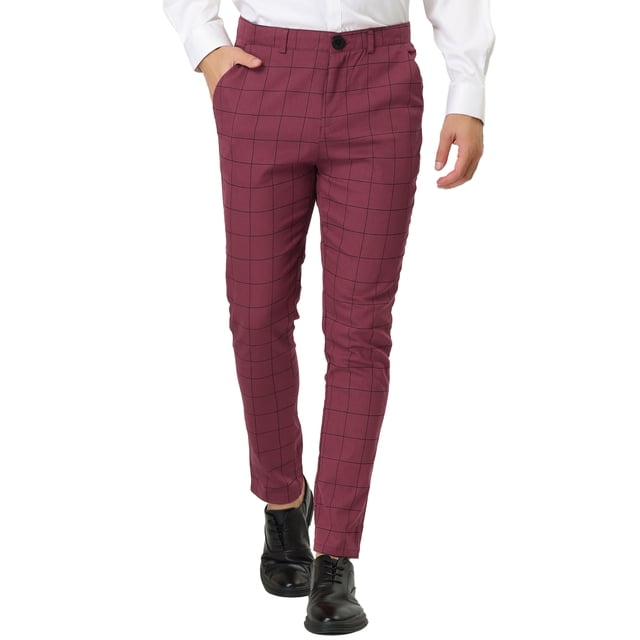 INSPIRE CHIC Pantalon Habillé à Carreaux pour Homme Coupe Ajustée Pantalon d'Affaires à Carreaux avec Poches 36 Rouge