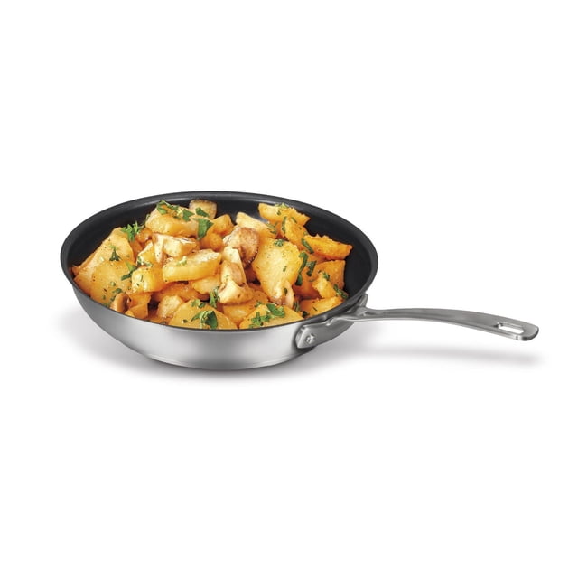 Cuisinart 10” Advantage Pro Non-Stick Stainless-Steel Skillet with cooked seasoned potatoes garnished with herbs, featuring brushed stainless steel construction and riveted Cool Grip™ handle, induction ready and dishwasher safe.