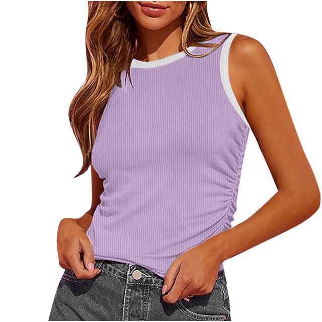 Besolor 2024 Summer Workout Tank Tops for Women Crewneck Knit Ribbed Side Ruched Crop Tops Sleeveless Trendy T Shirts