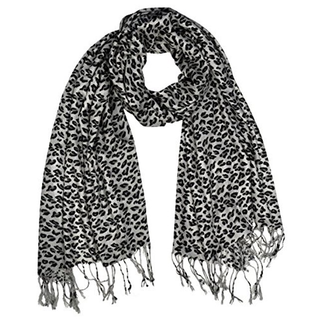 Peach Couture Animal Leopard Print Sheer Scarves Summer Shawls Wraps Fringes (Silver Grey)