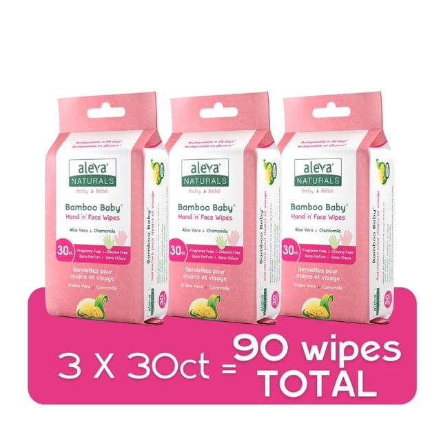 Aleva Naturals Bamboo Baby Hand 'n' Face Wipes Value Pack with three 30-count pink packages enriched with aloe vera and chamomile, fragrance and chlorine free, totaling 90 biodegradable wipes for gentle cleaning of baby's hands and face.