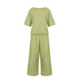 thumbnail image 3 of CHOK Femmes 2 Pièce Tenue Lin Récolte Manches Courtes Haut Salon Ensembles Assortis et Pantalons Longs Survêtements Rose Chaud L, 3 of 5