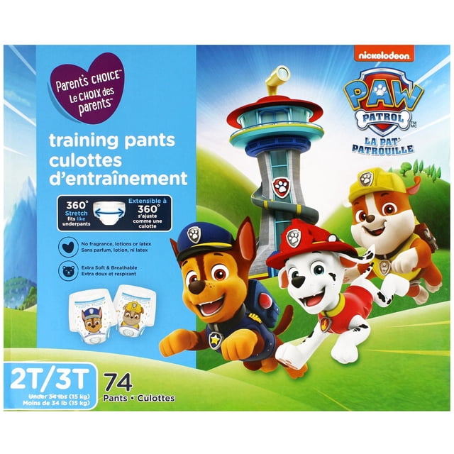 Parent’s Choice Training Pants packaging with Nickelodeon Paw Patrol characters Chase, Marshall, and Rubble in front of the Paw Patrol lookout tower. The box features 360° stretch for a real underwear fit, no fragrances, lotions, or latex, extra soft breathable fabric, and includes 74 training pants sized 2T/3T for toddlers under 34 lb (15 kg).