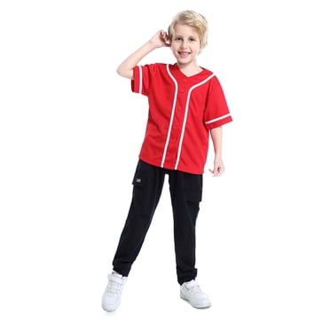 Toptie Boys Baseball Jersey, Kids Button Down Jersey T Shirt Softball-Red White-10T