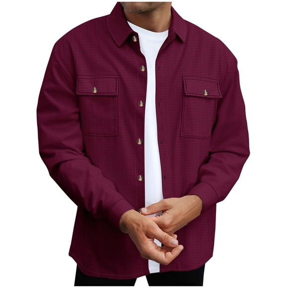 LNWUY Mens Solid Color Shirt Long Sleeve Dress Shirt Business Work Casual Button Down Shirts with Double Pockets Red XL