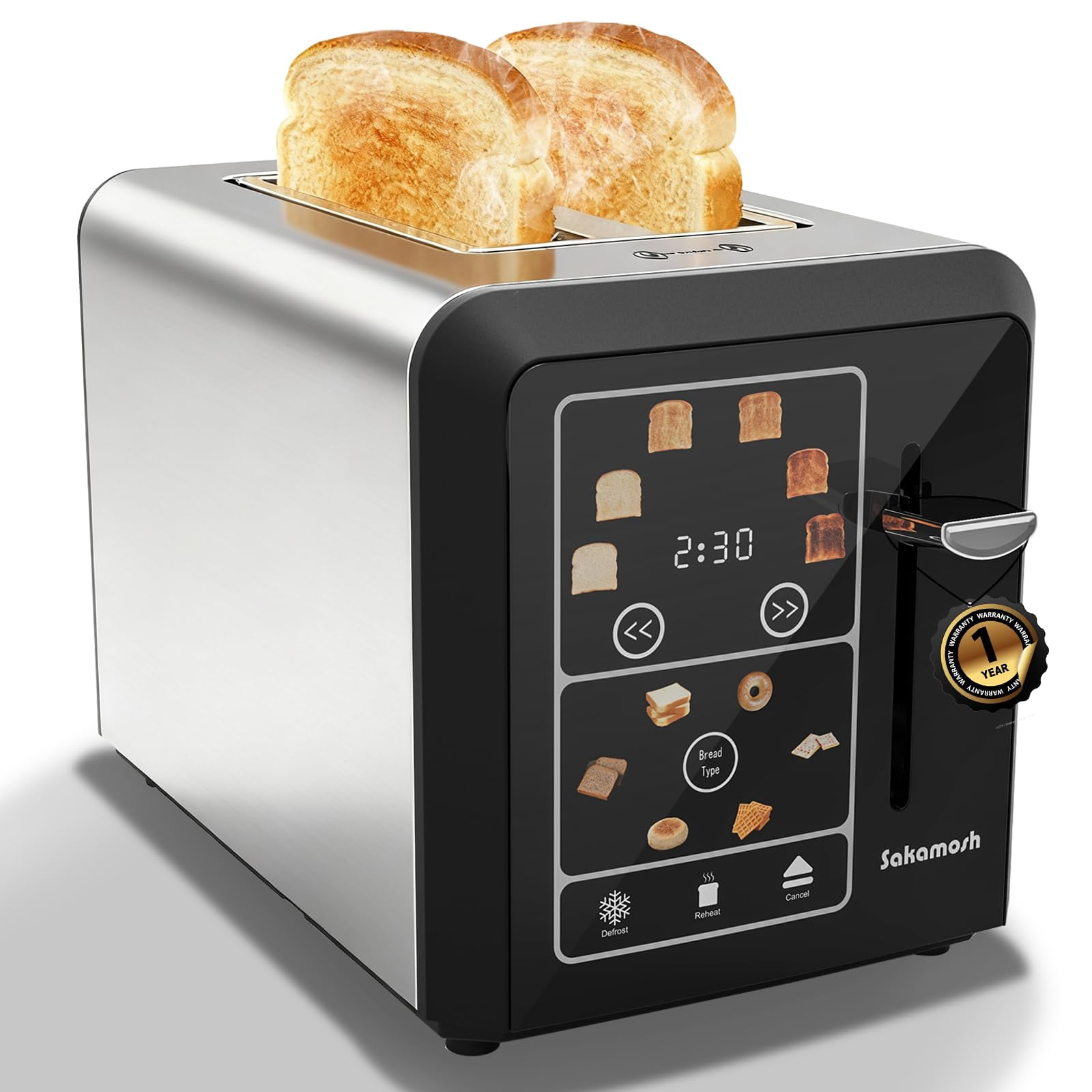 SAKAMOSH 2 Slice Touch Screen Toaster 1.3" Wide Slots for Bagels, Smart Digital Display Toaster with 6 Browning Levels & 6 Bread Types, Memory, Defrost, Reheat, Stainles