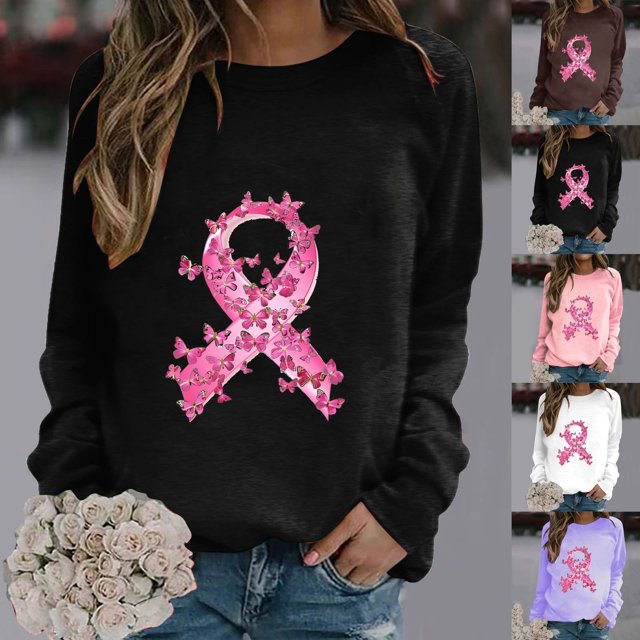 QATAINLAV Chandail de Sensibilisation au Cancer du Sein pour Femmes Ruban Rose Graphique Chandails de Base Col Rond Manches Longues Chandail à Enfiler Hauts Soldes pour Aujourd'hui sur Walmart Rose G