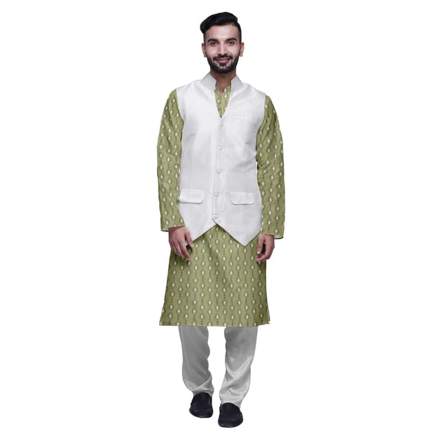 Atasi Traditional Printed Kurta Churidar Pajama Set With Nehru Jacket For Men
