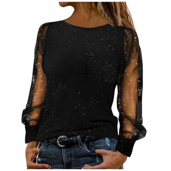 VINUSLI Sequin Tops for Women Plus Size Shiny Glitter Off Shoulder Tunic Top Elegant Crewneck Long Sleeve Party Bling Blouse Black,XXL
