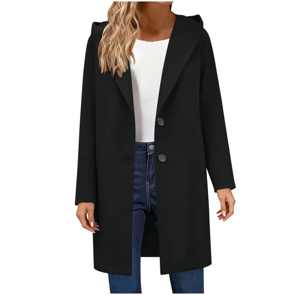 Pisexur Fall Coats with Hood Long Single Breasted Jackets for Women Warm Wool Pea Coat for Women Fashion Solid Color Winter Trench Coat with Pocket S-2XL Black