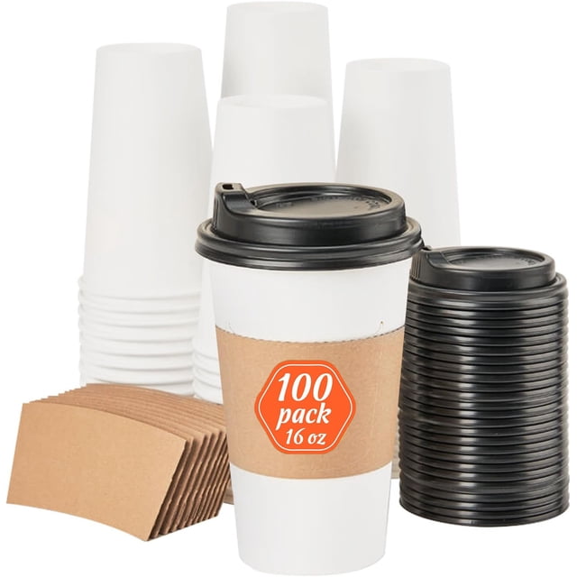 Tignapoo Eco-Friendly 16oz Disposable Coffee Cups with Lids and Sleeves - 100 Pack, Ideal for Hot Beverages, Office, and Home Use