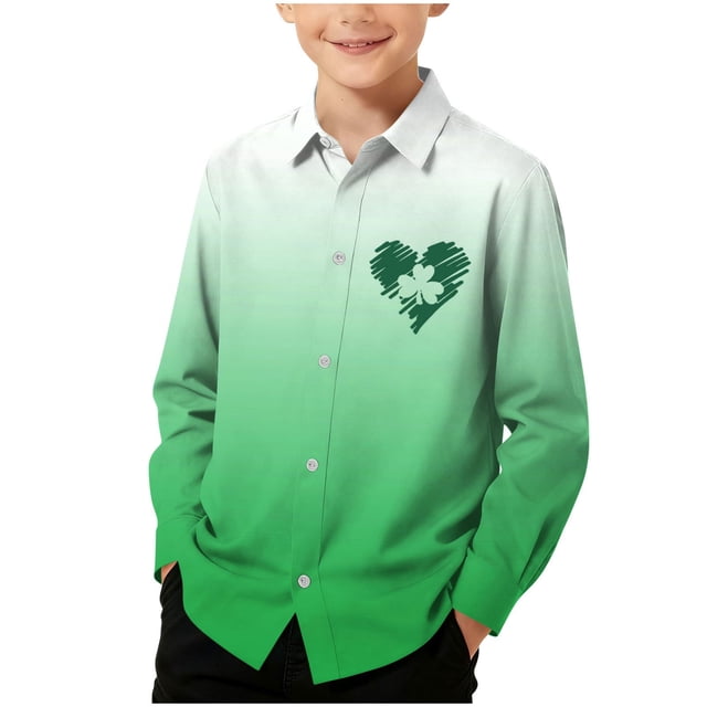 RXMEKW Chemise à Manches Longues Imprimée de la Saint-Patrick pour Garçons avec Col Rabattu, 95 % Coton 5 % Élasthanne, Vert