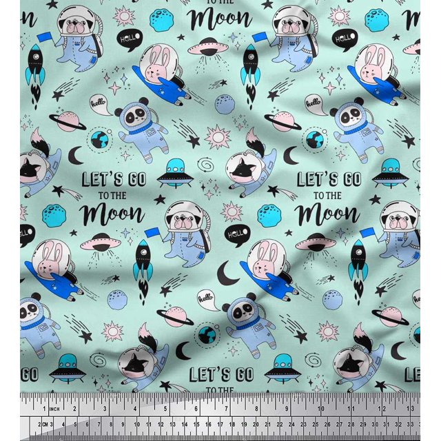 Soimoi Poly Georgette Fabric Planet,Rocket & Astronaut Animals Cartoon Printed Fabric 1 Yard 52 Inch Wide