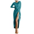 thumbnail image 1 of cfhntfmh Robes de Cocktail pour Femmes Automne Confortables Col Rond Manches Longues Longue Robe Maxi Douce Aguichant Ceinturée Fente Latérale Robe de Soirée, 1 of 1