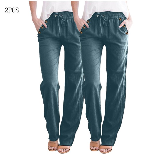 AherBiu 2PCS Womens Linen Pants Drawstring Elastic Waisted Straight Leg Casual Trousers with Pockets