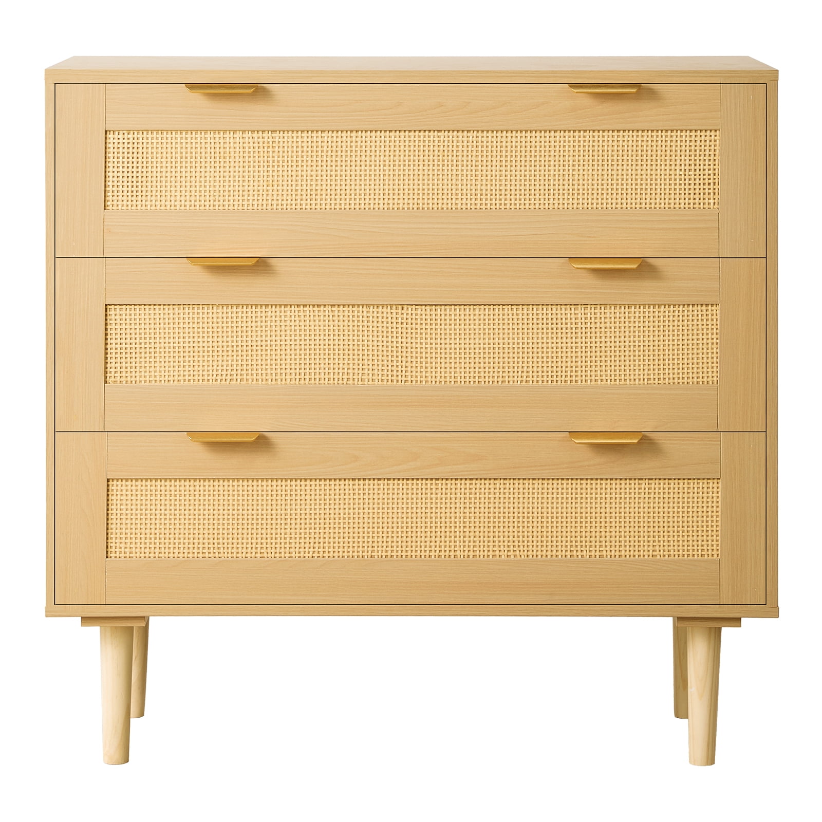 KFFKFF 3 Drawer Rattan Dresser, Modern Closet Dresser for Bedroom, Natural Rattan Chest of Drawers with Metal Handles & Wooden Legs, Chest Clothing Organizer & Storage