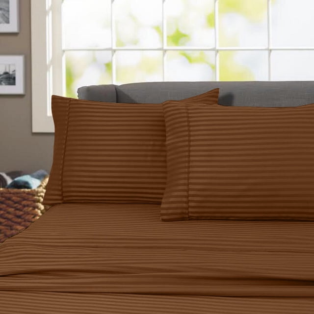 600 Thread Count 100% Cotton Wrinkle Free Striped Sheet Set (Queen, Brown)
