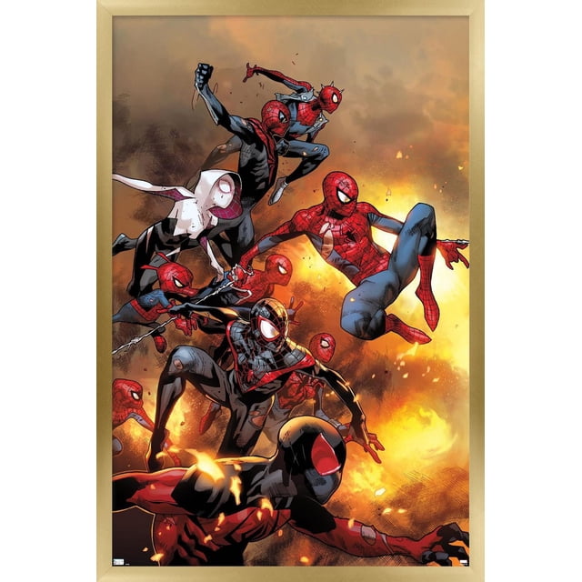 Marvel Comics - Spider-Verse - The Amazing Spider-Man #13 Affiche Murale, 22,375 Pouces x 34 Pouces Encadrée, Représentant Plusieurs Personnages Spider-Man en action sur un Fond orange et Brun Ardent, Idéale comme art Mural Ou Déco de Pièce pour Chambres, Bureaux Ou Dortoirs.