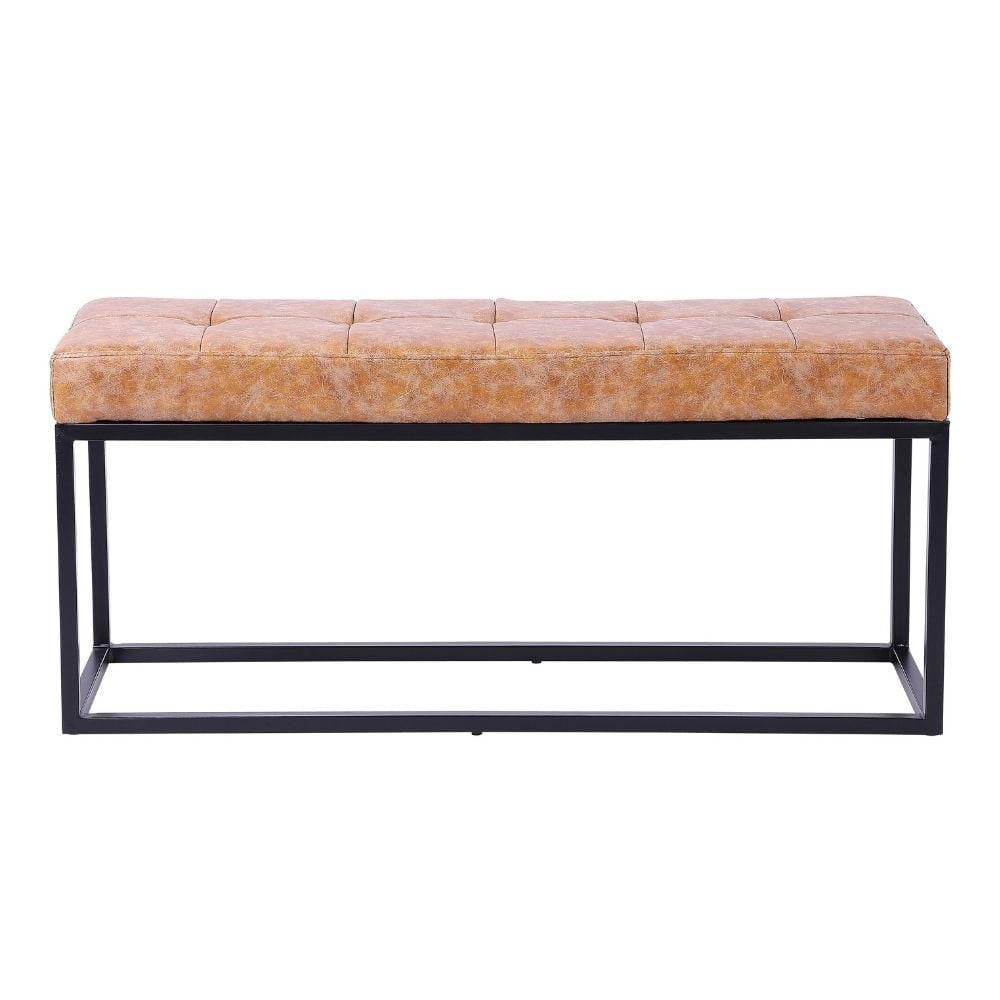 Banc Oli Tan avec cadre noir, revêtement en cuir au fini beige vieilli, pouf élégant, banc rectangulaire, banc d'intérieur, idéal pour la salle à manger, le salon, la chambre, l'entrée, le couloir