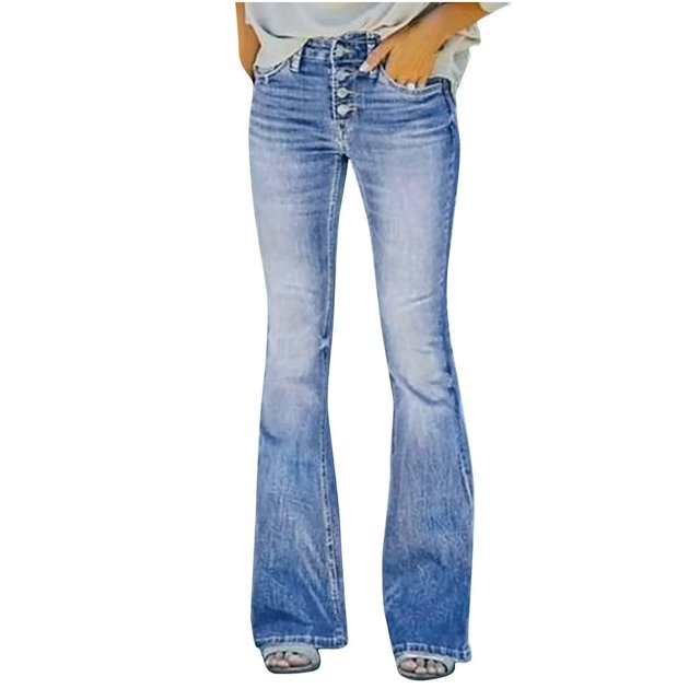 LNGOOR Flare Jeans for Women Plus Size High Waist Stretch Slimming Blue Wide Leg Pants Rise Skinny