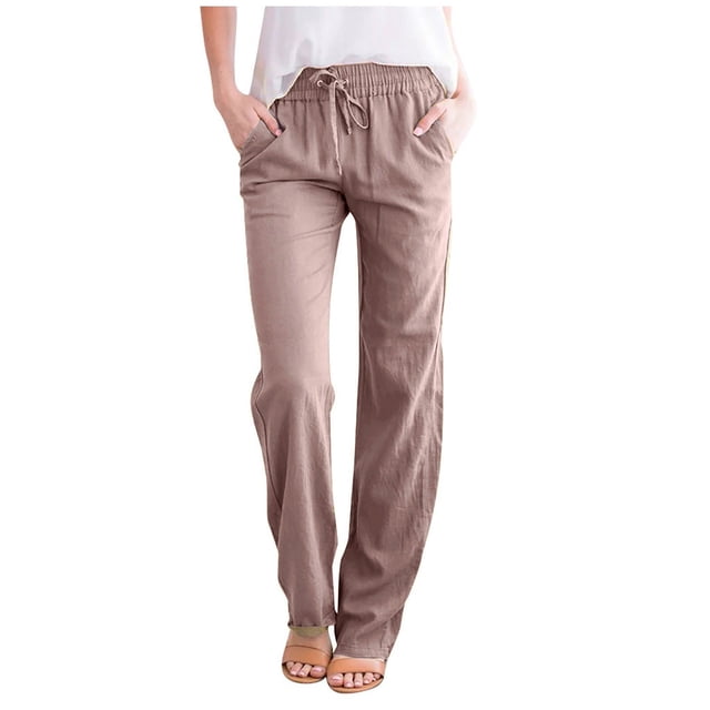 Timegard Cotton Linen Pants for Women Elastic Waisted Drawstring Straight Leg Lounge Pants with Pockets