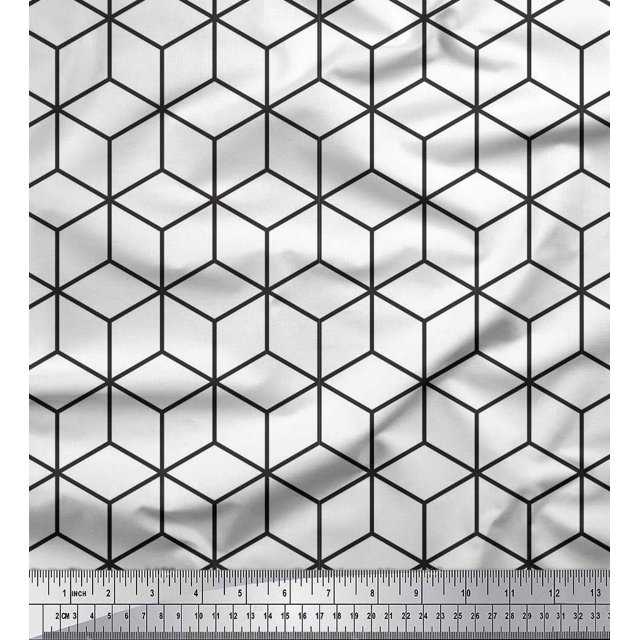 Soimoi White Silk Fabric Maze Cube Geometric Decor Fabric Printed Yard 42 Inch Wide