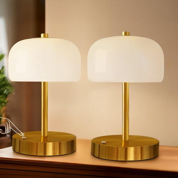 Oneach 9" Cordless Table Lamps Set of 2, Gold Rechargeable Battery Operated Lamp, 3-Way Stepless Dimming Touch Mushroom Lamps, Sm