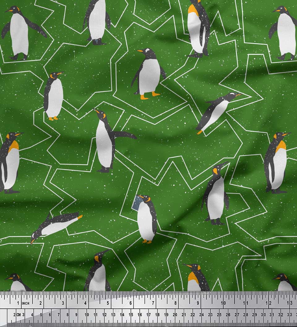 Soimoi Green polyester Crepe Fabric Penguin Ocean Print Fabric by Yard 42 Inch Wide