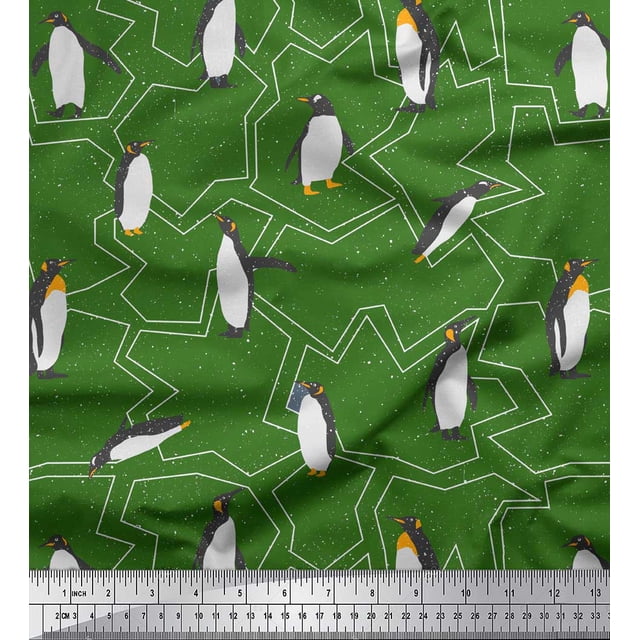 Soimoi Green Silk Fabric Penguin Ocean Print Sewing Fabric Yard 42 Inch Wide