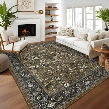 Garvee Tapis Vintage à Motifs Floraux 6'x9' Lavable, Tapis Imprimé Botanique, Tapis à Poils Courts Antidérapant Oriental Résistant aux Taches pour Intérieur, Salon Chambre Salle à Manger, Brun