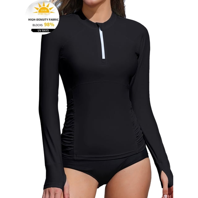 Charmo Women's Zipper Rash Guard Long Sleeve Side Ruched Swim Shirt Sun Protection Swimsuit Tops