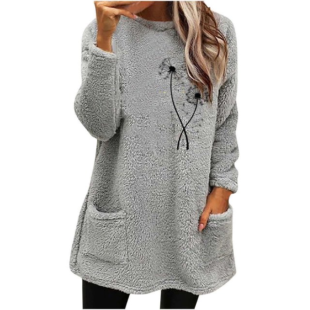 Pisexur Sweatshirts pour Femmes en Polaire Douce Hiver Chaud Manches Longues Col Rond Chandail en Molleton Mode Imprimé Floral Chandail Décontracté Surdimensionné Thermique avec Poches