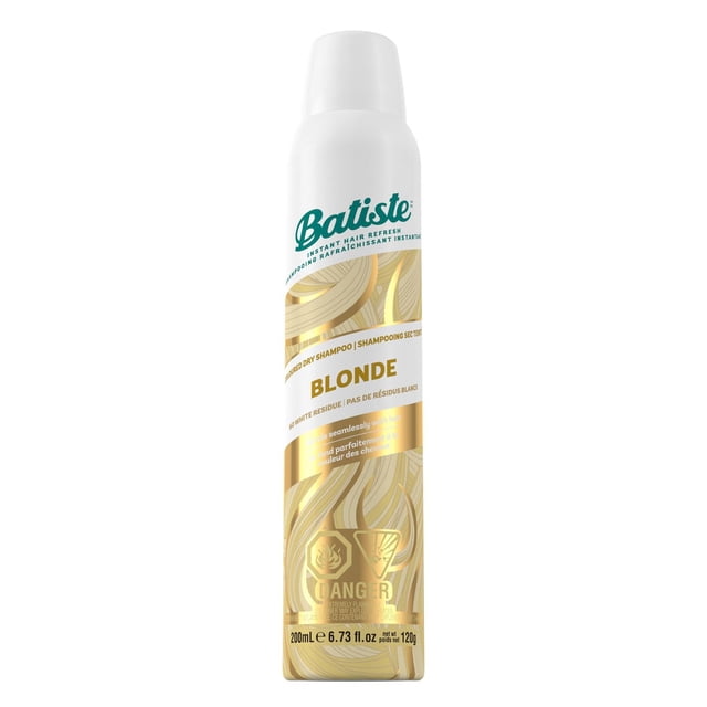 Batiste Shampooing Sec pour Blond 200 ml en Aérosol avec design Blanc et Or, Formulé pour les Cheveux Blonds pour Rafraîchir et Absorber l'Huile Sans Eau, Ne Laisse Aucun Résidu Blanc et Ajoute de la texture et du Corps pour un Rafraîchissement Rapide des Cheveux.