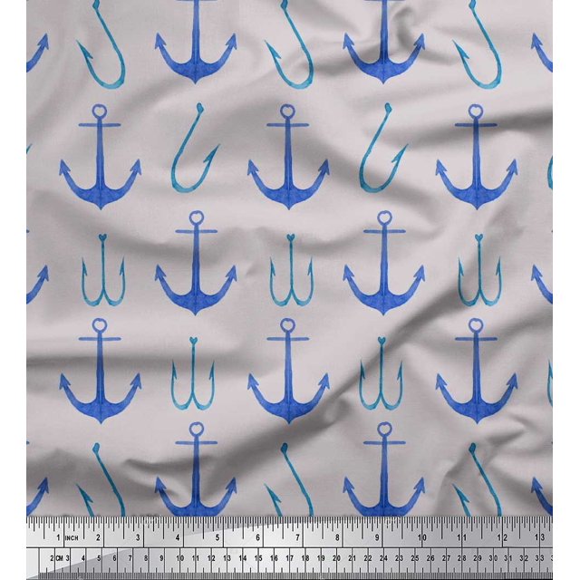 Soimoi Grey Poly Georgette Fabric Anchor Hook Nautical Print Fabric by Yard 52 Inch Wide