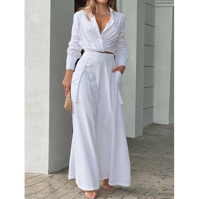 Tenue pour Femmes à Manches Longues, Chemise Unie Tendance et Pantalon de Complet, Tenue Élégante de Bureau Décontractée, Mode, Complet Confortable