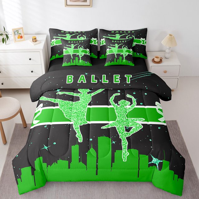 YST 7-Piece Ballet Dance Comforter Set, Black Green, Queen