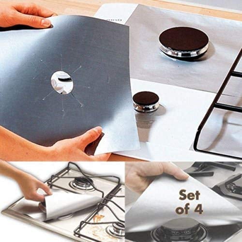 Non-Stick Gas Stove Disposable Covers - Heavy-Duty Aluminum Foil Liners - Reusable, Dishwasher Safe, Easy Clean - 4 Pack for Integrated Cooktops - Silver, 4pcs