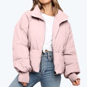 EGNMCR Womens Long Puffer Coat, Long Sleeve Padded Winter Down Coats, Hooded Parka Jacket Fashion Women Solid Stand-up Collar Cardigan Down Jacket Outerwear Padded Coat Women Coat