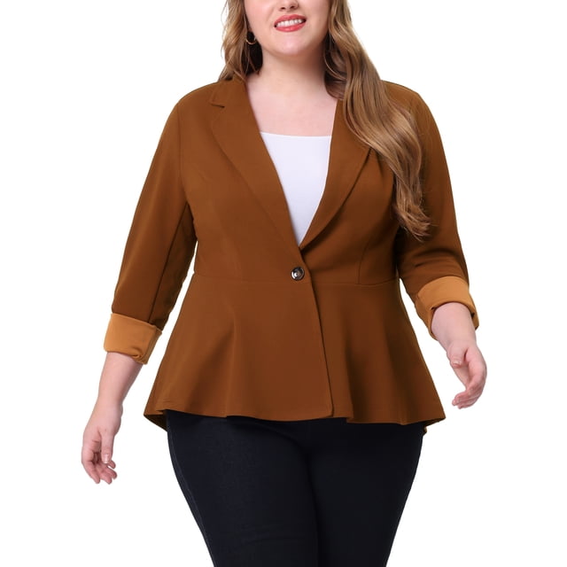 Agnes Orinda Women's Plus Size Blazer Button Notch Panel Ruffle Peplum Blazers 2X Brown