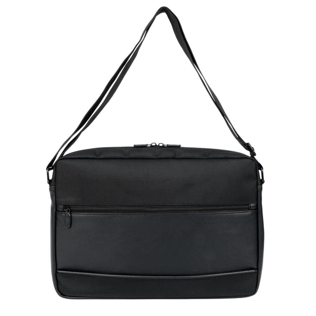 R70 Top Zip Men's Messenger Bag in black polyester with top zipper opening, front zipper pocket, and adjustable shoulder strap, front-facing on white background, fits laptops and essentials, also suitable for organizing travel documents.