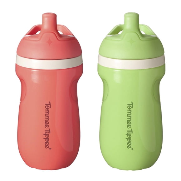 Tommee Tippee Insulated Sporty Spout Bottle, 2x9oz, 12 Months, No Spill Toddler Water Bottle, Two-Piece Valve Helps Stop Spills, Green and Red