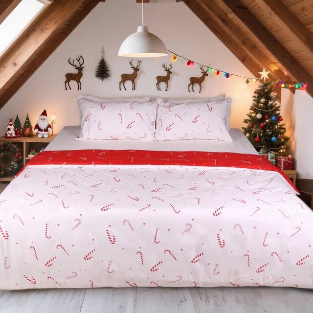 HITIME 100% Polyester Printed Christmas Duvet Cover Set in queen size, featuring a festive candy cane pattern on a white background with red accents. This lightweight and breathable microfiber bedding set includes one duvet cover and two pillowcases, displayed in a cozy holiday-themed bedroom with wooden beams, Christmas decorations, and warm lighting.