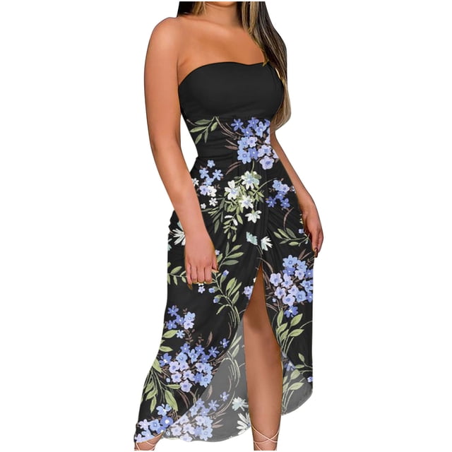 Womens Summer Print Strapless Long Dress Beach Split Dress Party Club Dress