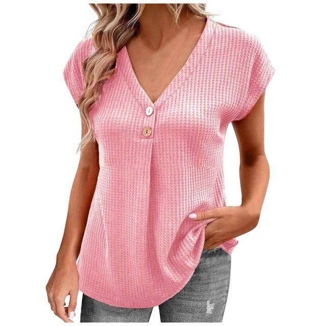 Timegard Womens Tops V Neck Button Ruched Cap Short Sleeve Solid Color Tee Dressy Casual Tunic Tops