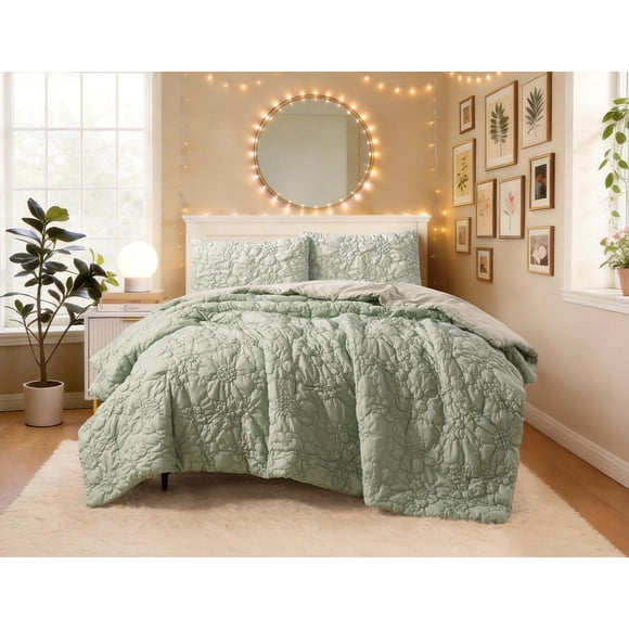 Mainstays King Elastic Bobbin Comforter Set, 3-Piece, Green, All Ages